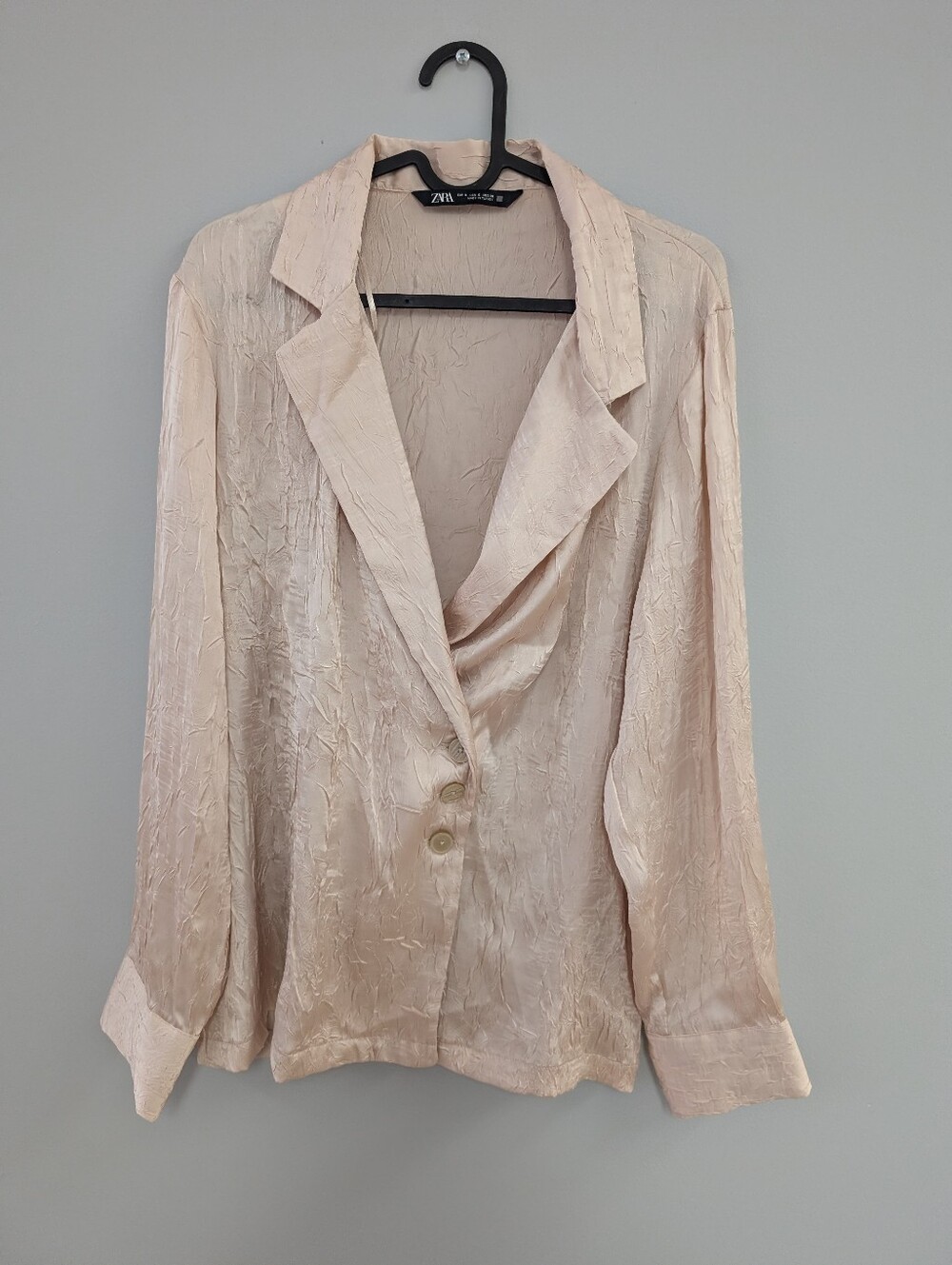 Zara Cream Crinkle Satin Button-Front Blouse